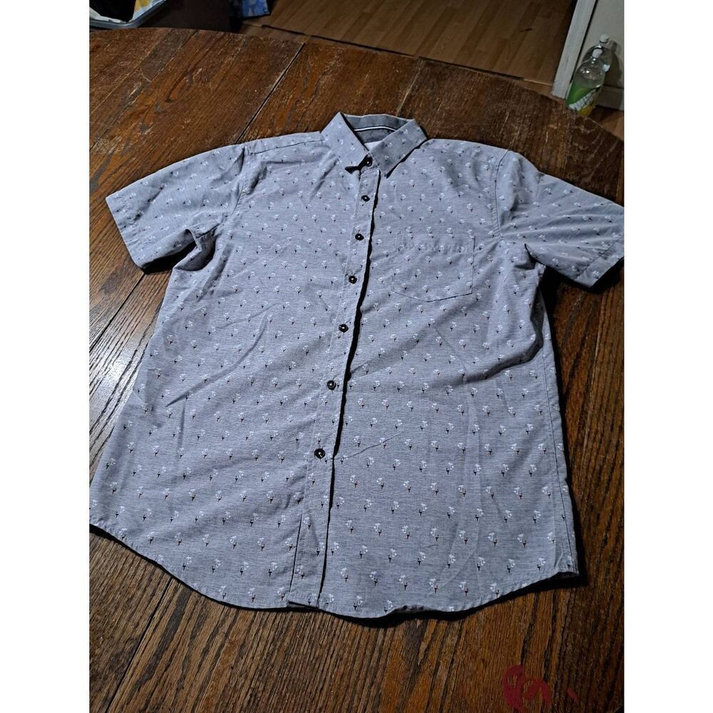 Large Craft & Flow Grey Palm Tree Short Sleeve Button Cotton Shirt Tropical